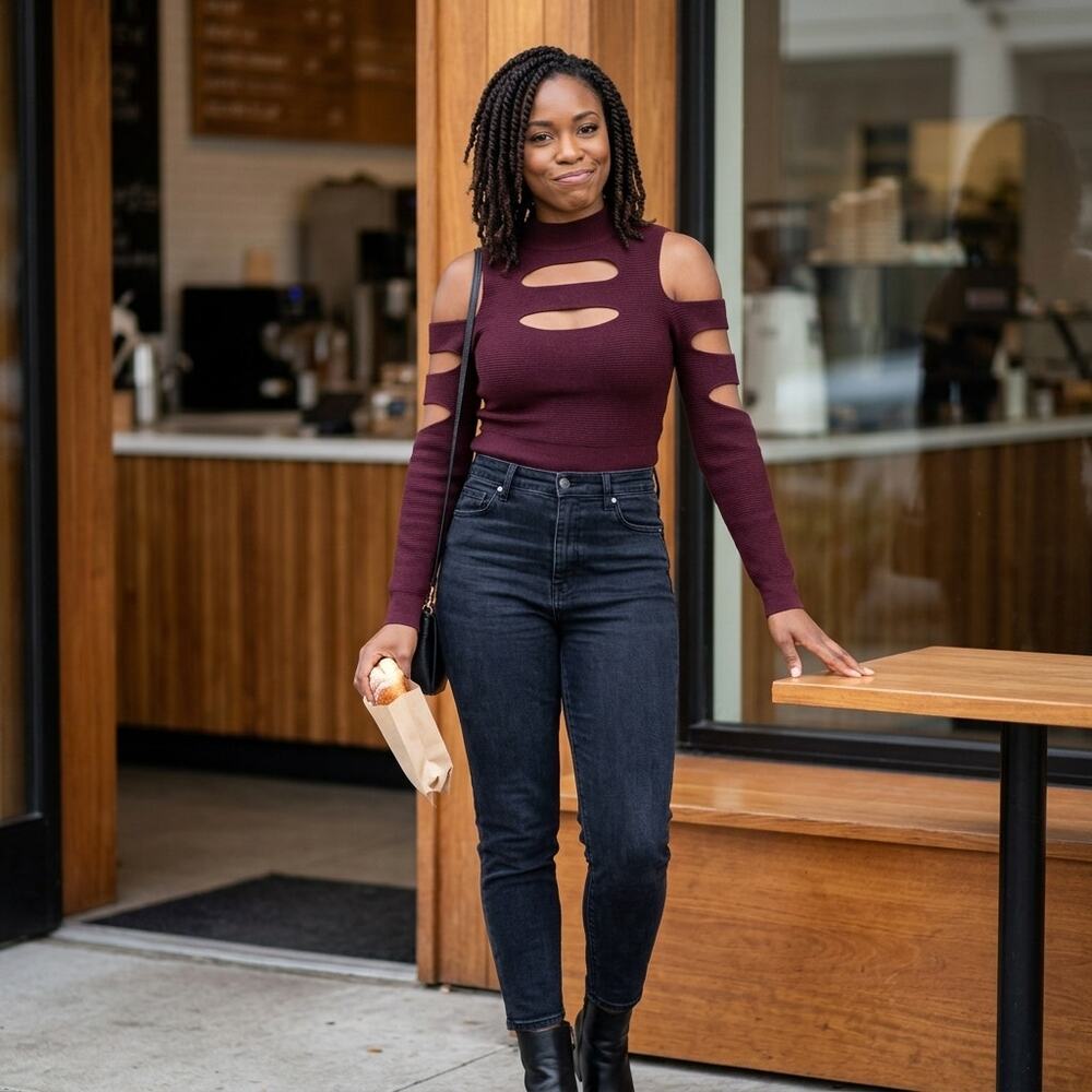 Express Burgundy Mock Neck Ribbed Knit Stretch Top Women Size M - Picture 5 of 11